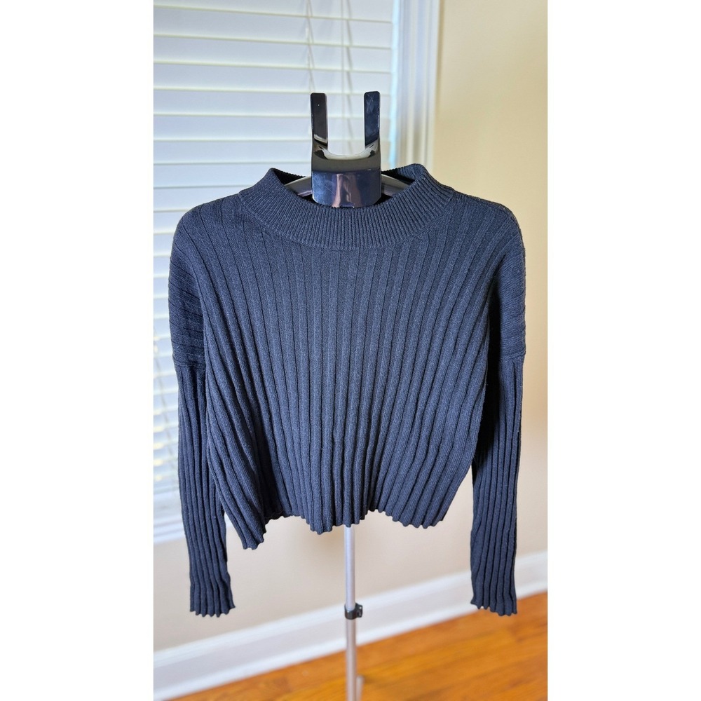 Madewell Women XL Black Ribbed Mock Neck Wool Blend Cropped Boxy Sweater - Picture 5 of 6